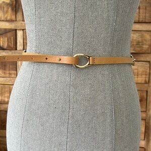 Tan vegan leather skinny fashion waist belt with gold tone hardware